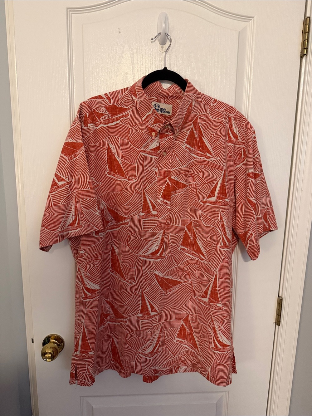Reyn Spooner Red and White Sailboat Print Short Sleeve Button Shirt